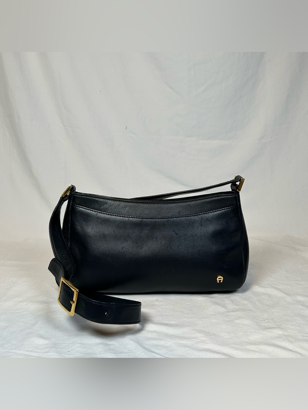 Etienne Aigner Navy Blue Leather Gold Logo Crossbody Bag